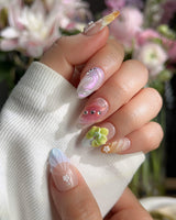 Orchid-Extra Glow press-on nails — Colorful Summer, 3D Orchids & Shell Textures. handmade nail art by Joyee Nails