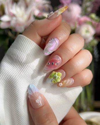 Orchid-Extra Glow press-on nails — Colorful Summer, 3D Orchids & Shell Textures. handmade nail art by Joyee Nails