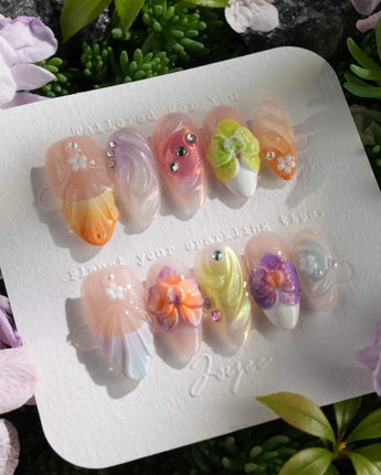 Orchid-Extra Glow nail art close-up showing Colorful Summer, 3D Orchids & Shell Textures. details