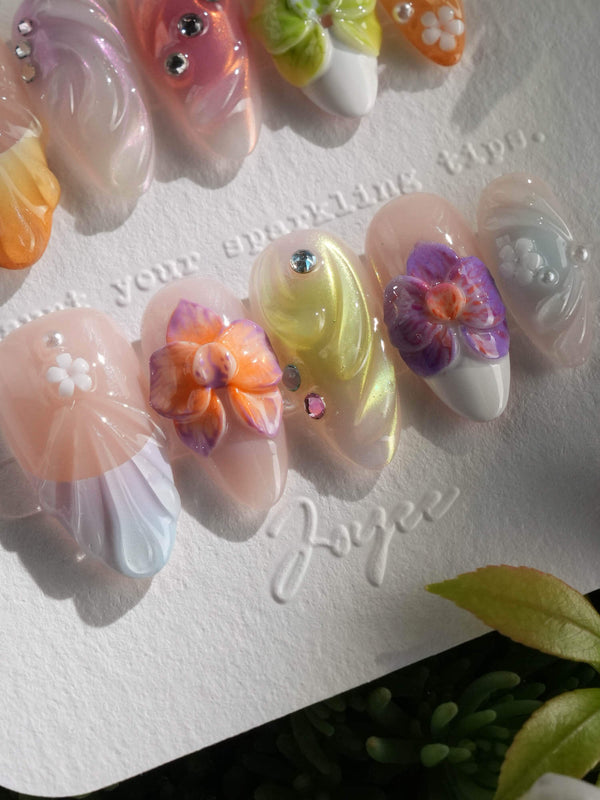 Orchid-Extra Glow handmade press-on nails featuring Colorful Summer, 3D Orchids & Shell Textures.