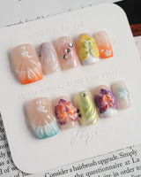 Orchid-Extra Glow press-on nails in short square shape — Colorful Summer, 3D Orchids & Shell Textures.