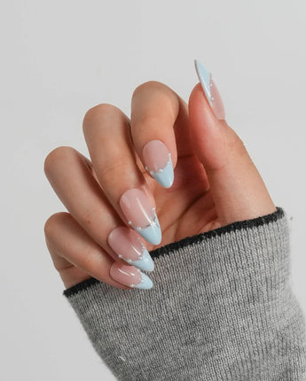 Oyster Blue elegant beach nails with baby-blue tips and hand-placed pearl accents