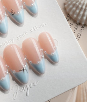 Oyster Blue Medium Almond press on nails, handmade custom nails by Joyeenails