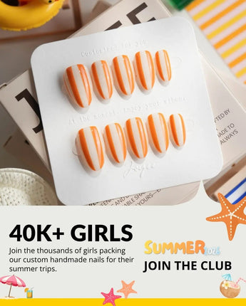 Parasol extra short almond press-on nails with tangerine and cream vertical stripes