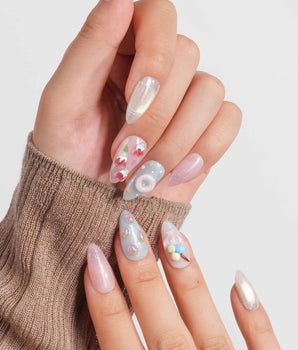 Parfait glossy jelly nail art with berry accents, ice cream scoops, and glitter