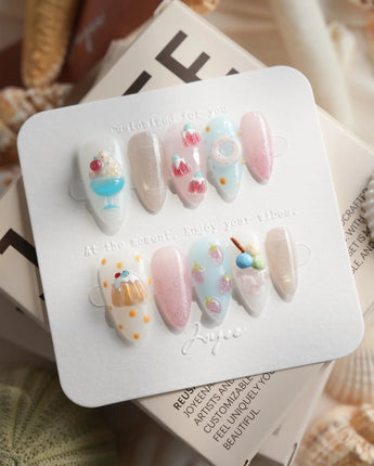 Parfait short almond press-on nails with translucent jelly and dessert details