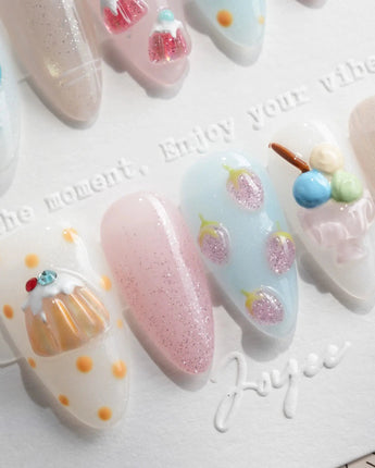 Parfait layered dessert press-on nails with pink lavender jelly and 3D sundae bowls