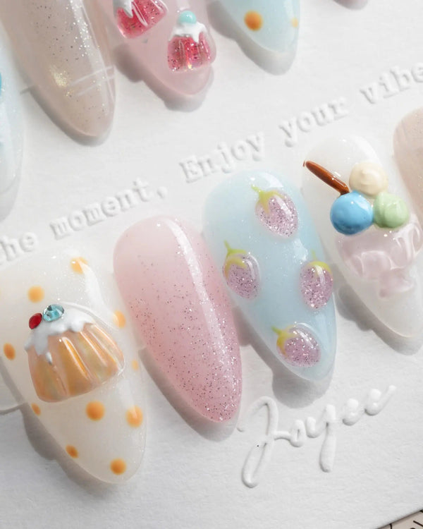 Parfait layered dessert press-on nails with pink lavender jelly and 3D sundae bowls