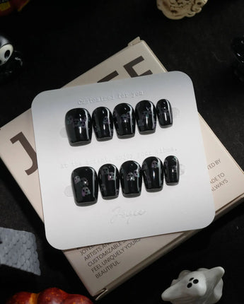 Party Spirits handmade press-on nails in extra short coffin shape by Joyee Nails