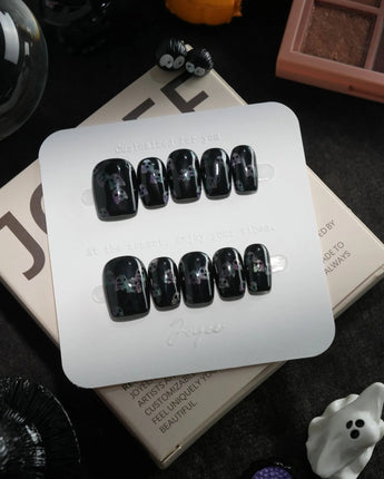 Party Spirits handmade press-on nails in extra short square shape by Joyee Nails