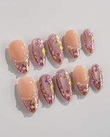 Falling Sakura press-on nails — Elegant Rosy Mauve, Hand-painted Blooms & Pearls. handmade nail art by Joyee Nails