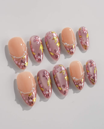 Falling Sakura press-on nails — Elegant Rosy Mauve, Hand-painted Blooms & Pearls. handmade nail art by Joyee Nails