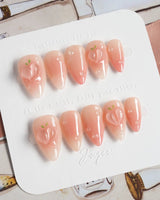 Peach Dew golden-hour nails with peach-flesh gradient and tiny dewdrops