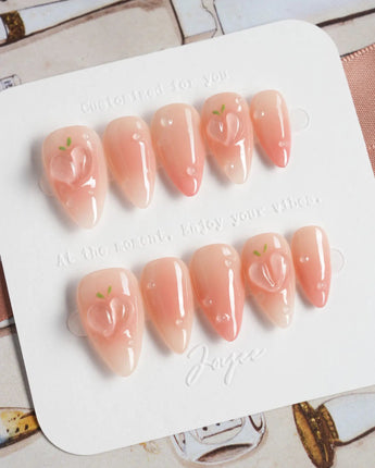 Peach Dew golden-hour nails with peach-flesh gradient and tiny dewdrops