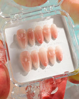 Peach Dew peach gradient press-on nails with 3D peaches and dewdrop details