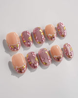 Falling Sakura press-on nails — Elegant Rosy Mauve, Hand-painted Blooms & Pearls. handmade nail art by Joyee Nails