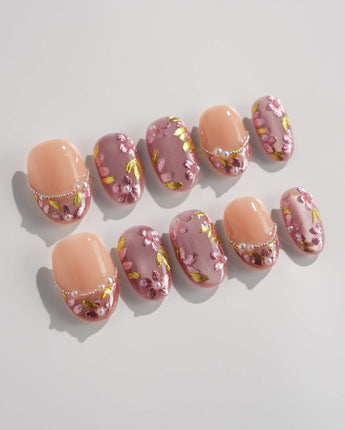 Falling Sakura press-on nails — Elegant Rosy Mauve, Hand-painted Blooms & Pearls. handmade nail art by Joyee Nails