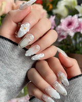 Pearl Bloom press-on nails — Pure White Pearlescent, 3D Flowers & Shell Texture. handmade nail art by Joyee Nails