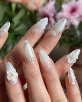 Pearl Bloom press-on nails — Pure White Pearlescent, 3D Flowers & Shell Texture. handmade nail art by Joyee Nails