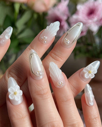 Pearl Bloom press-on nails — Pure White Pearlescent, 3D Flowers & Shell Texture. handmade nail art by Joyee Nails