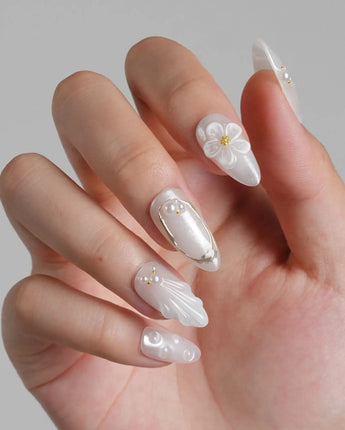 Pearl Bloom handmade press-on nails featuring Pure White Pearlescent, 3D Flowers & Shell Texture.