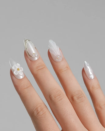Pearl Bloom nail art close-up showing Pure White Pearlescent, 3D Flowers & Shell Texture. details