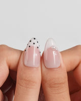 Pearl Dot custom-size short almond nails with pearl shell fragments and tiny dots