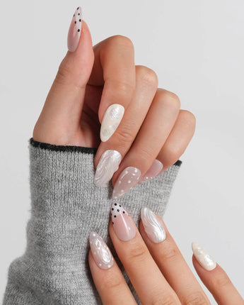Pearl Dot Short Almond press on nails, handmade custom nails by Joyeenails