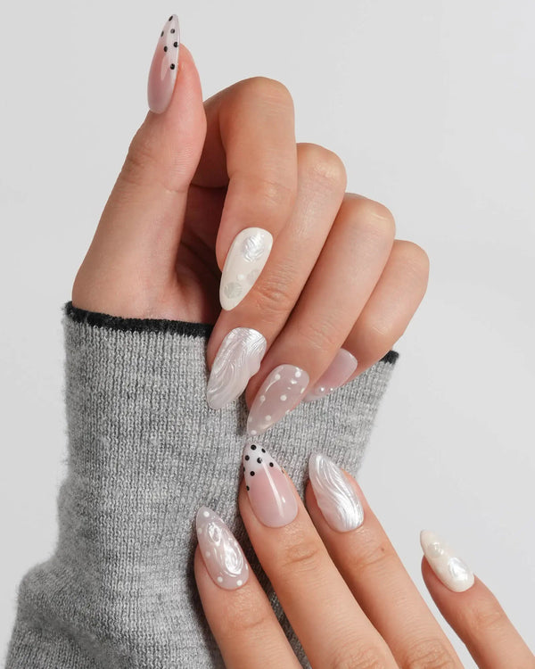 Pearl Dot short almond press-on nails with mother-of-pearl texture and polka dots
