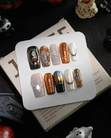 Pearl Earring handmade press-on nails in medium square shape by Joyee Nails