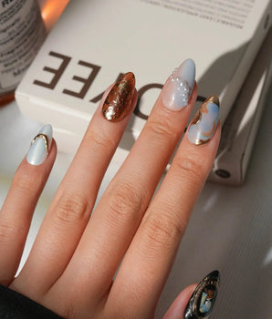 Pearl Earring XS press-on nails in short almond with Vermeer-inspired portrait art