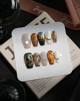 Pearl Earring handmade press-on nails in short square shape by Joyee Nails