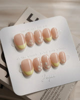 Petal Pop Spring Nails press-on nails — yellow floral french tip nails handmade nail art by Joyee Nails