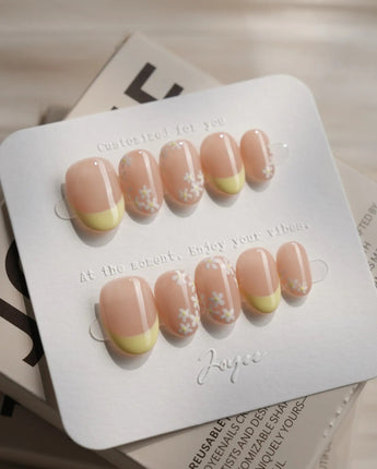 Petal Pop Spring Nails press-on nails — yellow floral french tip nails handmade nail art by Joyee Nails
