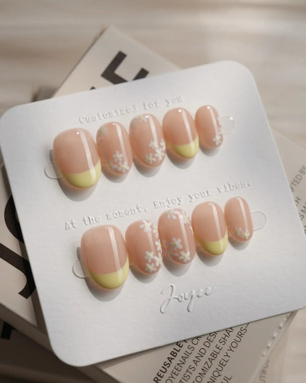 Petal Pop Spring Nails press-on nails — yellow floral french tip nails handmade nail art by Joyee Nails