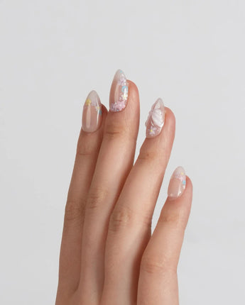 Petal Rain press-on nails in extra short almond shape — nude, 3D White Butterfly Wings & Pastel Wildflowers.