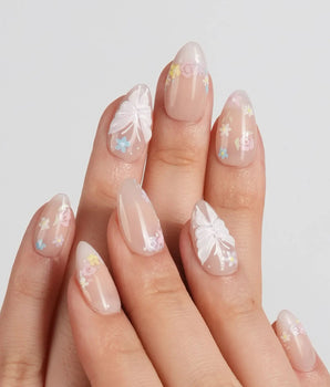 Petal Rain press-on nail set — nude, 3D White Butterfly Wings & Pastel Wildflowers. design, hand-painted with real gel polish