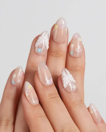 Petal Rain press-on nail set — nude, 3D White Butterfly Wings & Pastel Wildflowers. design, hand-painted with real gel polish