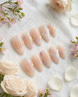 Petal Rain press-on nails in extra short almond shape — nude, 3D White Butterfly Wings & Pastel Wildflowers.
