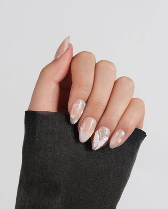 Petal Rain press-on nails in extra short almond shape — nude, 3D White Butterfly Wings & Pastel Wildflowers.