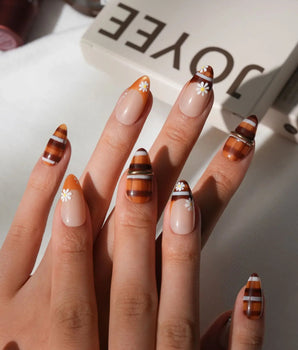 Picnic Short Almond plaid press on nails with orange fall handmade nail art - image 2