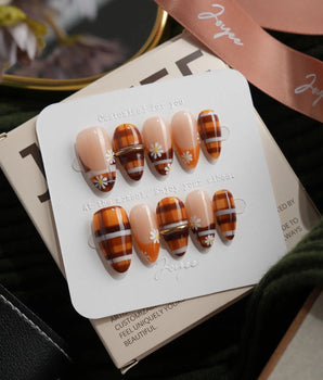 Picnic Short Almond plaid press on nails with orange fall handmade nail art - image 1
