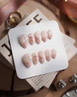 Pillow Talk nails in extra short almond — Pearl Satin Pink, Lace
