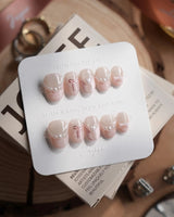 Pillow Talk nails in extra short oval — Pearl Satin Pink, Lace