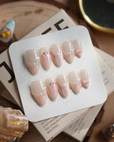 Pillow Talk nails in short almond — Pearl Satin Pink, Lace