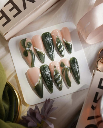 Pine Dream nails in long stiletto — Winter Christmas Green, 3D