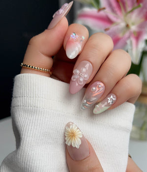 Wonderland Whims handmade press-on nails featuring Soft Pastel, 3D Sculpted Flowers & Pearls.