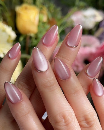 Glowing Stone - New Edition press-on nails — Gentle Rose Cat Eye, Simple Silver Outlines. handmade nail art by Joyee Nails