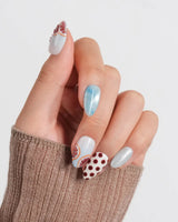 Pink Grapefruit extra short almond press-on nails with red and white stripe accents