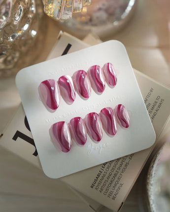Pink Ribbons nails in extra short almond — Silky Pink & Berry